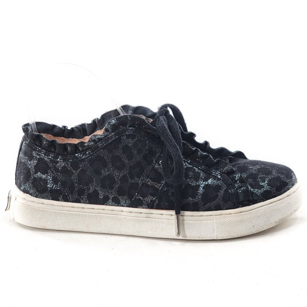 KATE SPADE Lynn Leather Metallic Leopard Print Sneakers Ruffle Black Silver 5.5 - Picture 3 of 7